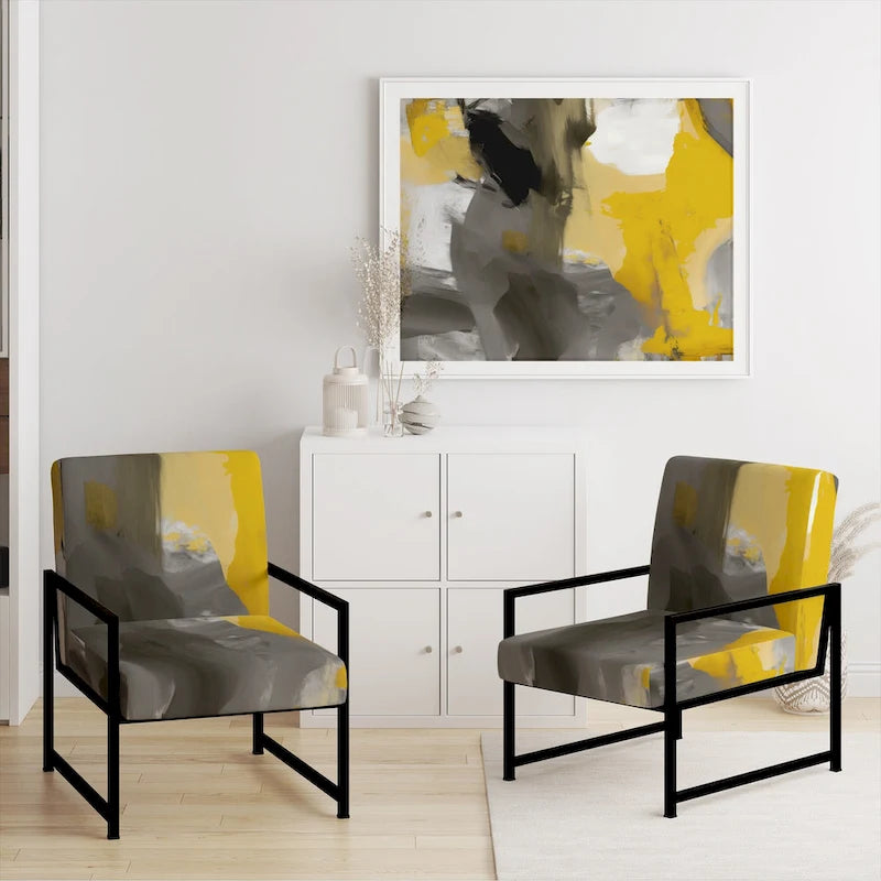 Fauteuil d'appoint abstrait en tissu gris vif et jaune moutarde, fauteuil moderne contemporain