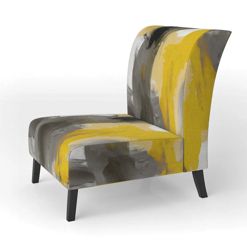 Fauteuil d'appoint abstrait en tissu gris vif et jaune moutarde, fauteuil moderne contemporain