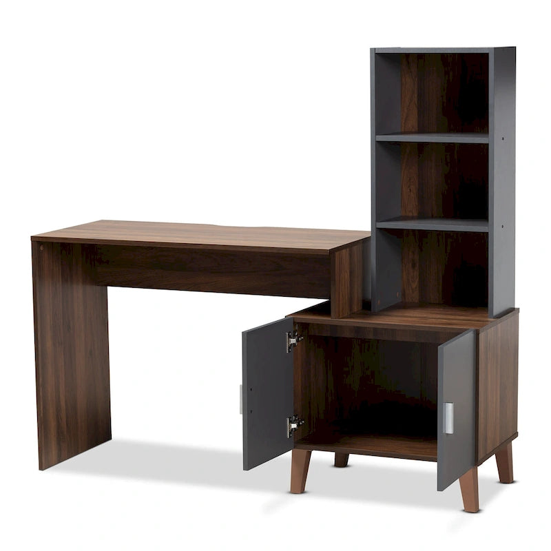 Bureau de rangement bicolore marron et gris foncé en bois avec étagères
