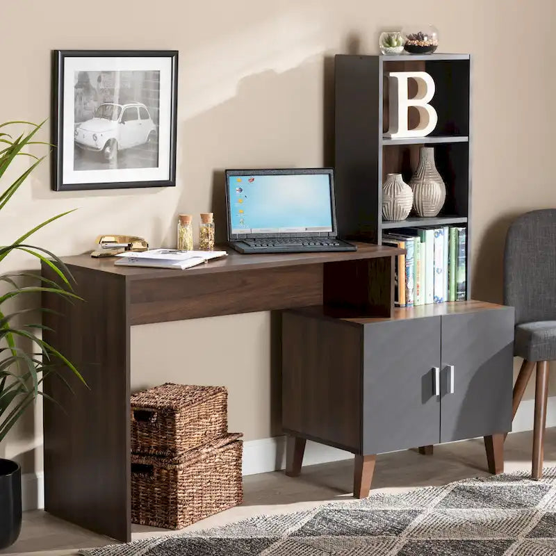 Bureau de rangement bicolore marron et gris foncé en bois avec étagères