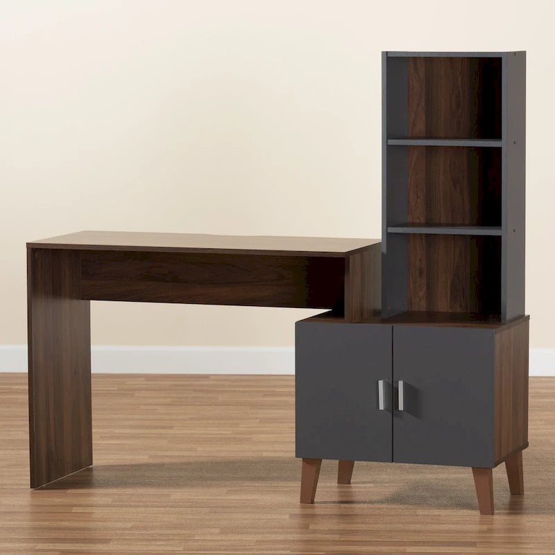 Bureau de rangement bicolore marron et gris foncé en bois avec étagères