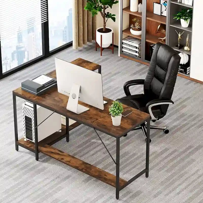 Bureau d'angle avec étagères de rangement, bureau d'angle avec huche, poste de travail pour bureau à domicile