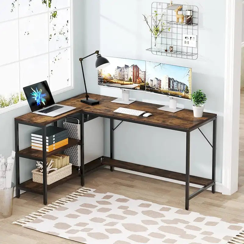 Bureau d'angle avec étagères de rangement, bureau d'angle avec huche, poste de travail pour bureau à domicile