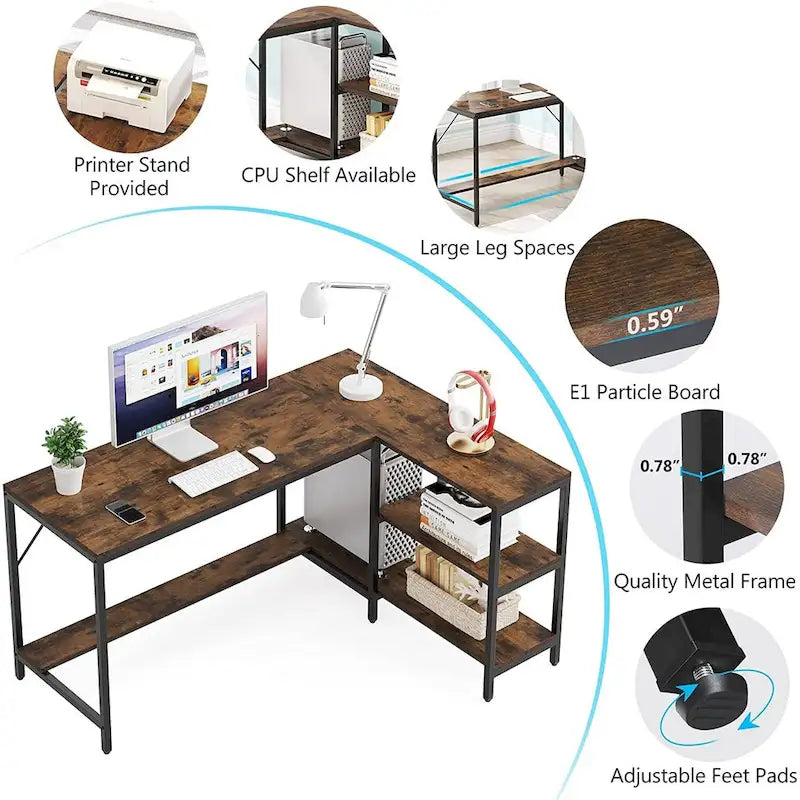 Bureau d'angle avec étagères de rangement, bureau d'angle avec huche, poste de travail pour bureau à domicile