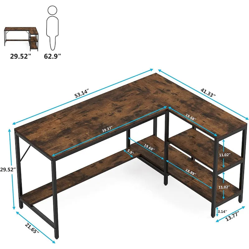 Bureau d'angle avec étagères de rangement, bureau d'angle avec huche, poste de travail pour bureau à domicile