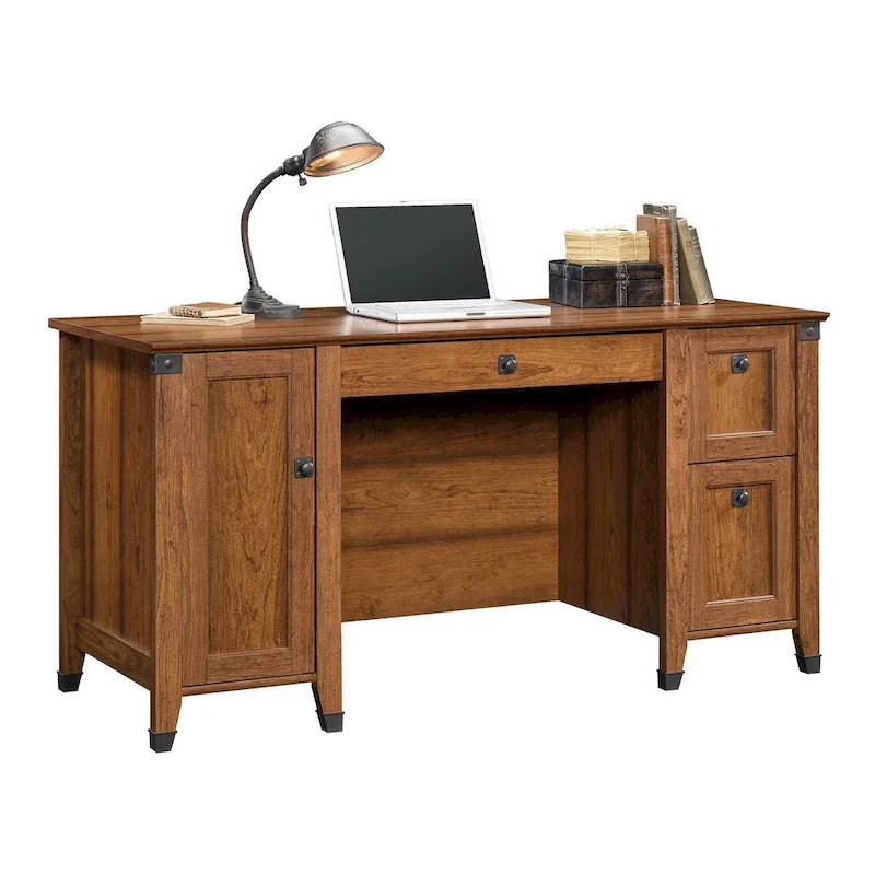 Bureau informatique avec deux tiroirs coulissants et rangement pour unité centrale, finition chêne café