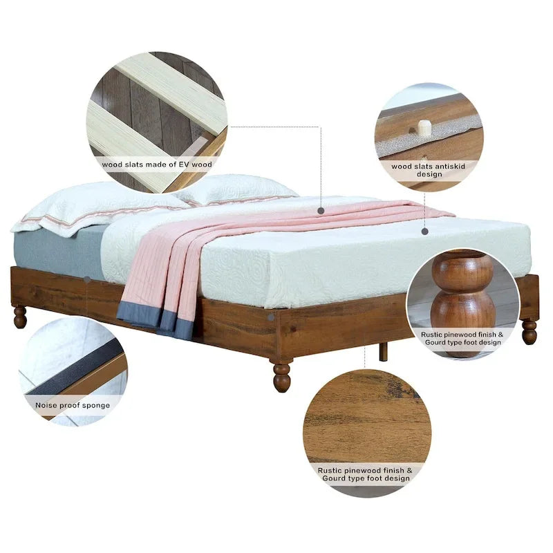 12 Inch Solid Wood Bed Frame Rustic Style Eliminates The Need for a Boxspring, Natural Finish