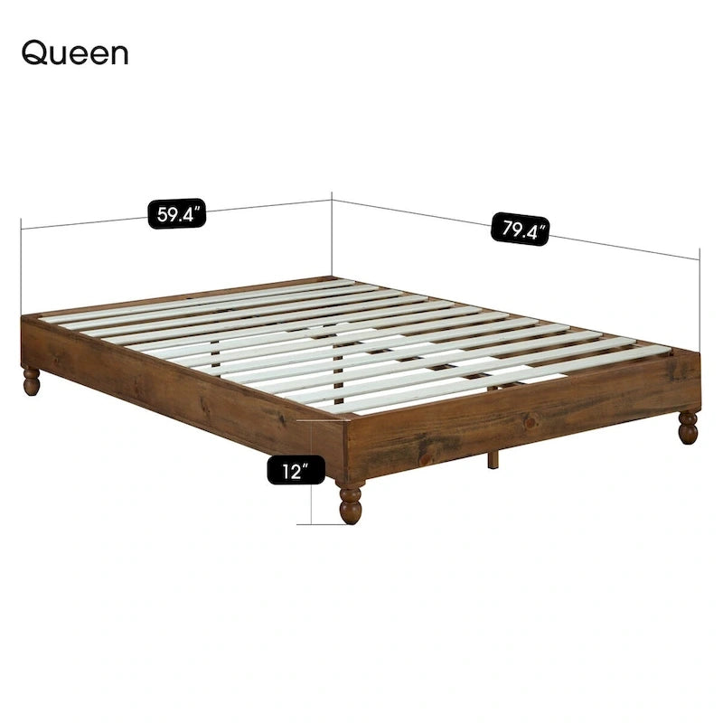 12 Inch Solid Wood Bed Frame Rustic Style Eliminates The Need for a Boxspring, Natural Finish