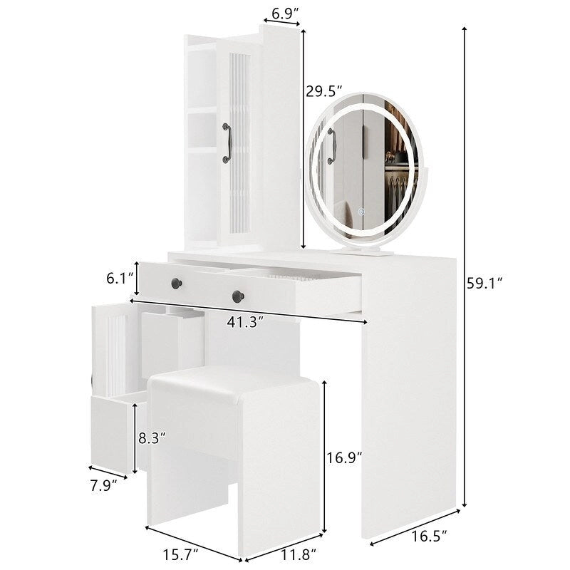 Coiffeuse avec multiprise et miroir LED à trois tons