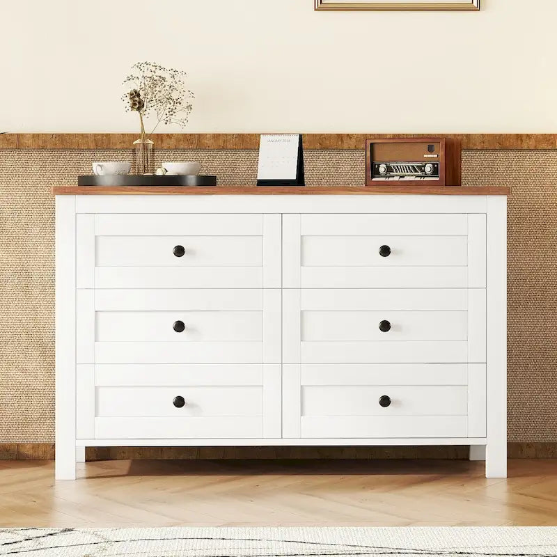 Retro Farmhouse Style Wooden Dresser with 6 Drawers, Storage Cabinet for Bedroom