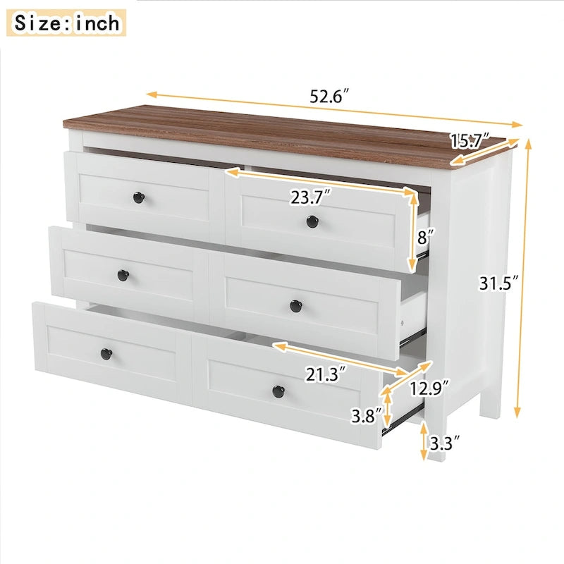 Retro Farmhouse Style Wooden Dresser with 6 Drawers, Storage Cabinet for Bedroom