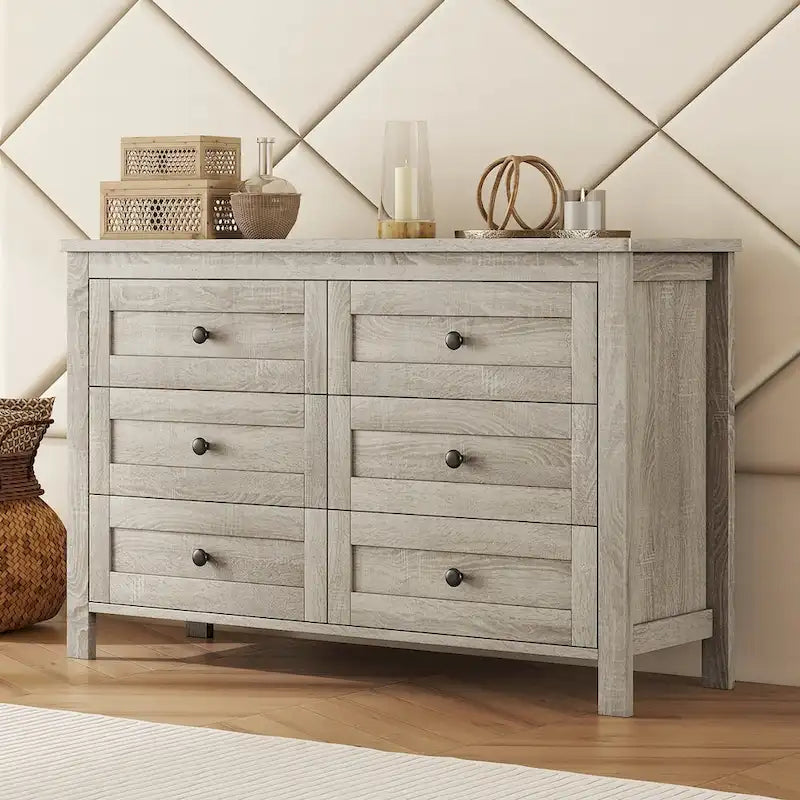 Commode en bois de style ferme rétro avec 6 tiroirs, meuble de rangement pour chambre à coucher