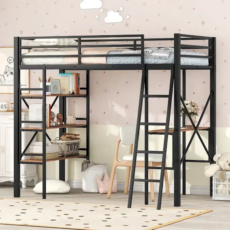 Lit mezzanine en métal pour lits jumeaux avec étagères et bureau
