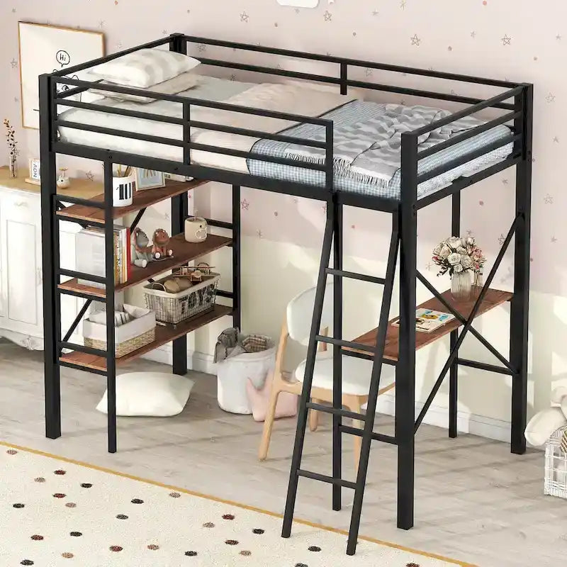 Lit mezzanine en métal pour lits jumeaux avec étagères et bureau
