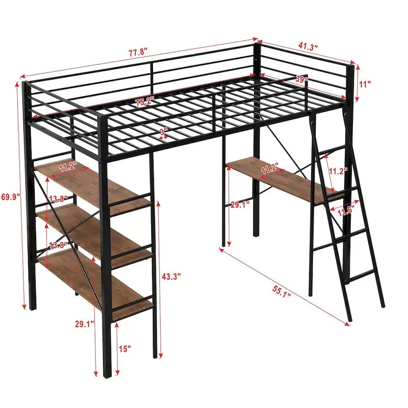 Lit mezzanine en métal pour lits jumeaux avec étagères et bureau