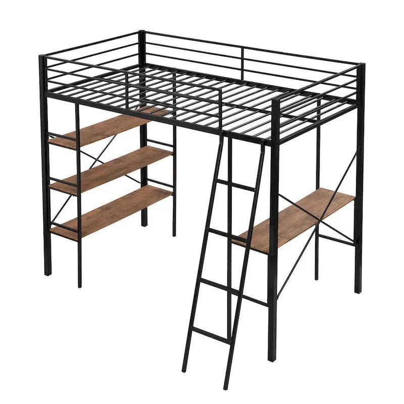 Lit mezzanine en métal pour lits jumeaux avec étagères et bureau