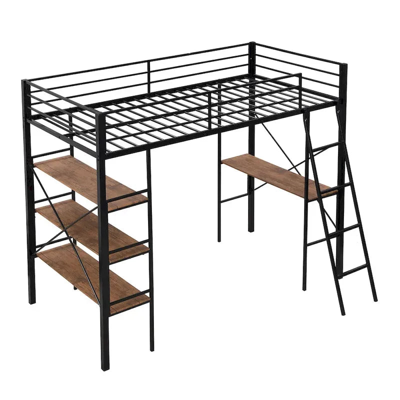 Lit mezzanine en métal pour lits jumeaux avec étagères et bureau