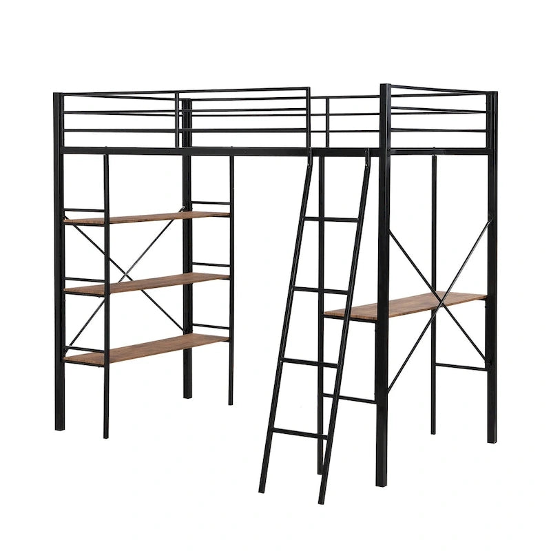 Lit mezzanine en métal pour lits jumeaux avec étagères et bureau