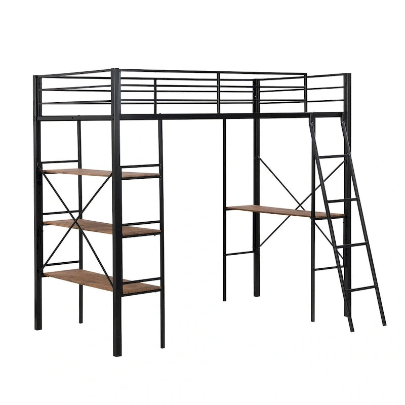 Lit mezzanine en métal pour lits jumeaux avec étagères et bureau