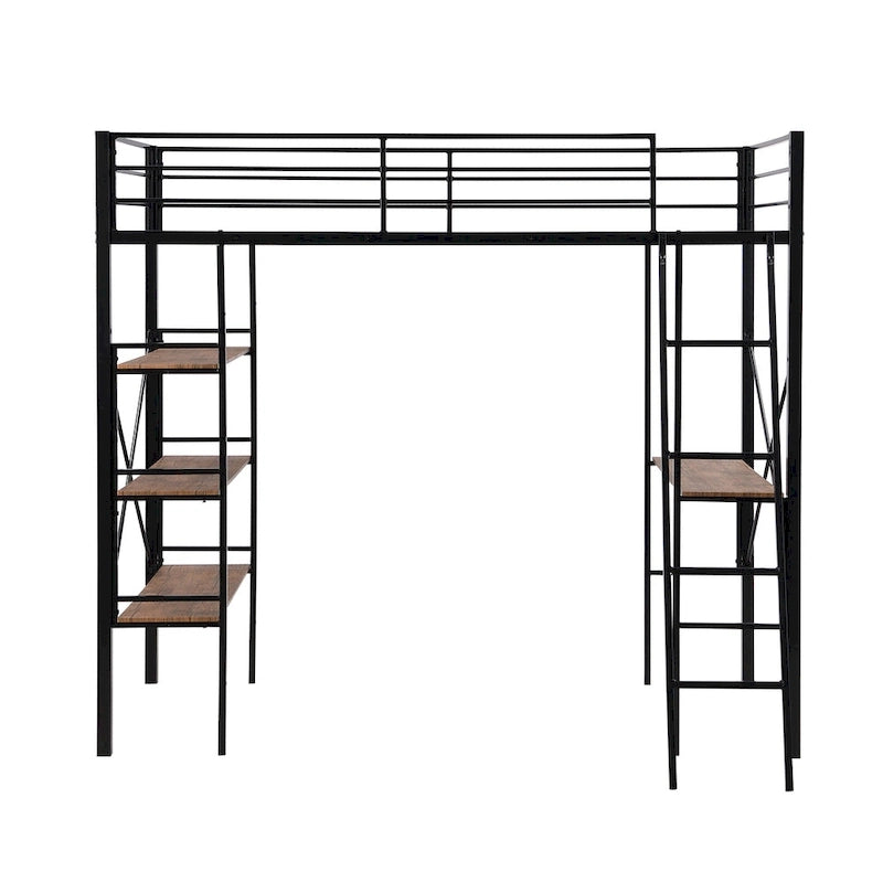 Lit mezzanine en métal pour lits jumeaux avec étagères et bureau