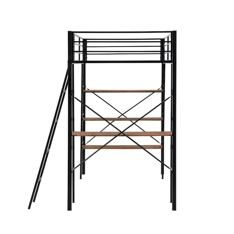Lit mezzanine en métal pour lits jumeaux avec étagères et bureau