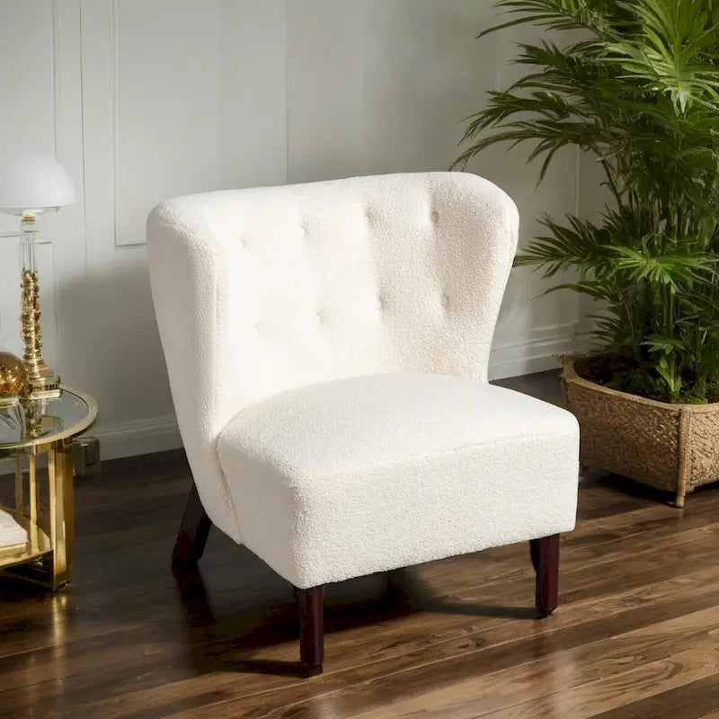 Fauteuil d'appoint, Fauteuil sans accoudoirs rembourré en peau d'agneau Sherpa, Fauteuil simple avec pieds en bois, Fauteuil de lecture moderne pour salon