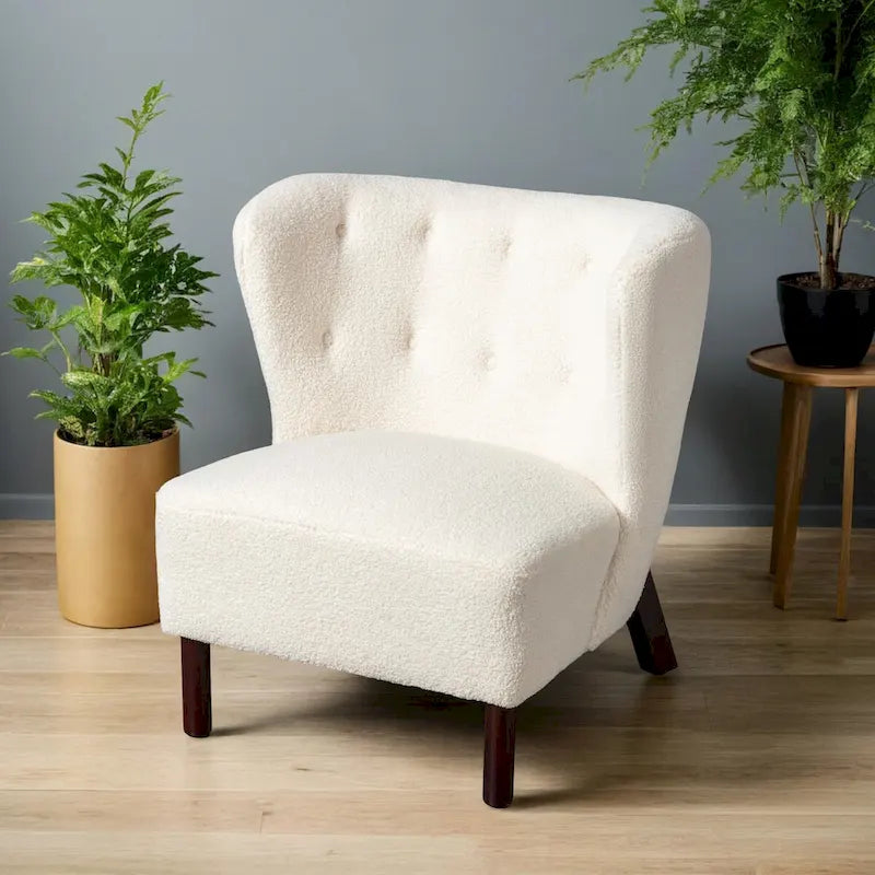 Fauteuil d'appoint, Fauteuil sans accoudoirs rembourré en peau d'agneau Sherpa, Fauteuil simple avec pieds en bois, Fauteuil de lecture moderne pour salon