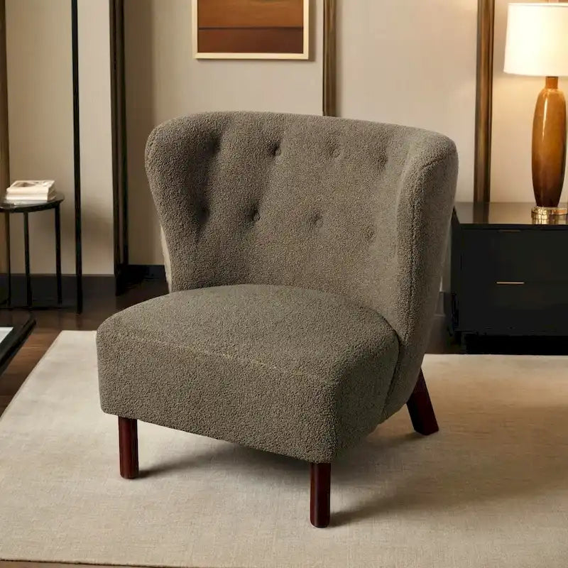 Fauteuil d'appoint, Fauteuil sans accoudoirs rembourré en peau d'agneau Sherpa, Fauteuil simple avec pieds en bois, Fauteuil de lecture moderne pour salon