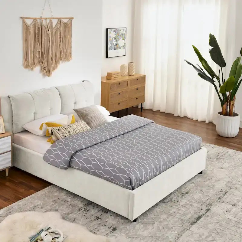 Lit plateforme Queen Size hydraulique rembourré avec rangement, tête de lit intégrée, tissu chenille, gris