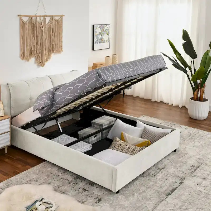 Lit plateforme Queen Size hydraulique rembourré avec rangement, tête de lit intégrée, tissu chenille, gris