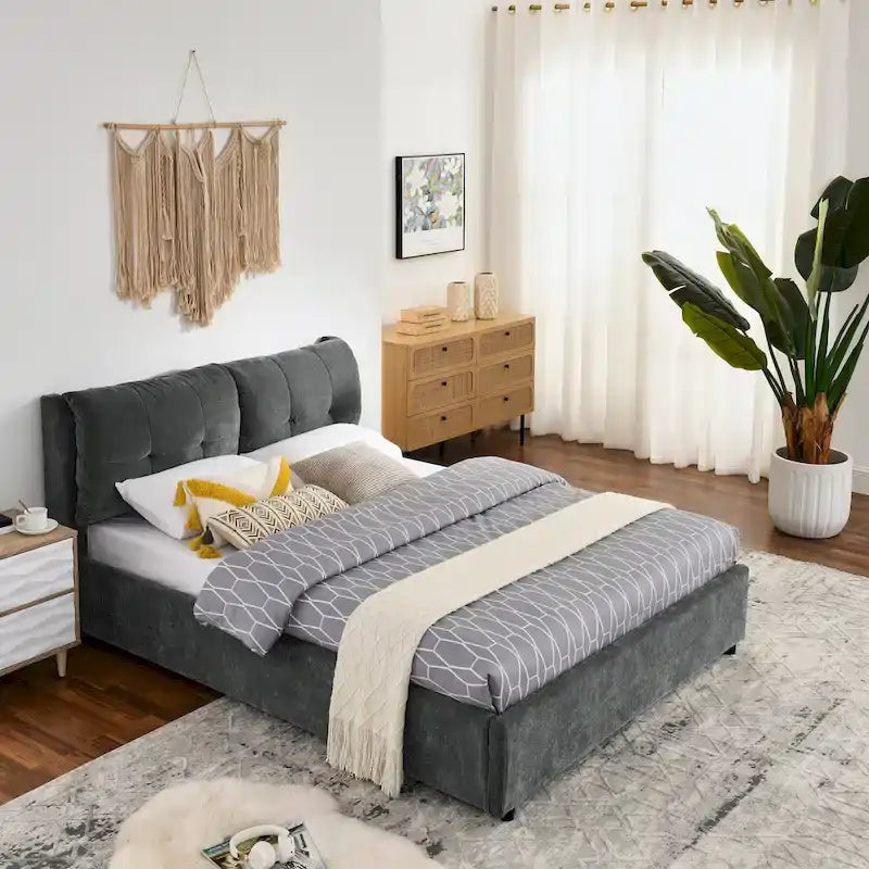 Lit plateforme Queen Size hydraulique rembourré avec rangement, tête de lit intégrée, tissu chenille, gris