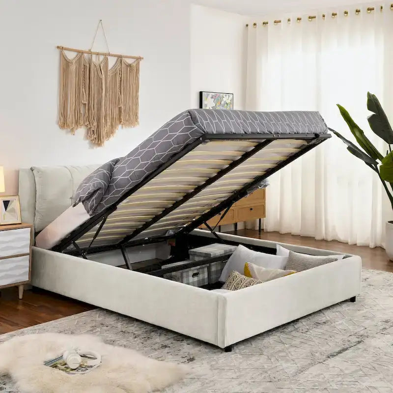 Lit plateforme Queen Size hydraulique rembourré avec rangement, tête de lit intégrée, tissu chenille, gris