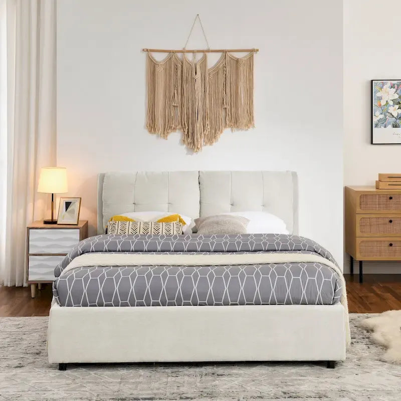 Lit plateforme Queen Size hydraulique rembourré avec rangement, tête de lit intégrée, tissu chenille, gris