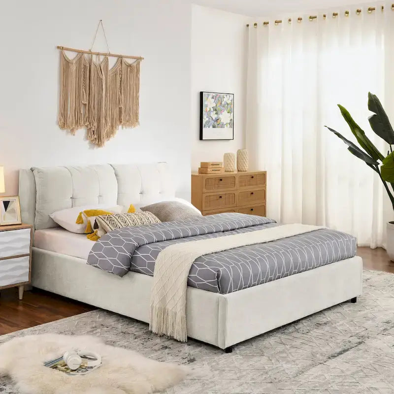 Lit plateforme Queen Size hydraulique rembourré avec rangement, tête de lit intégrée, tissu chenille, gris