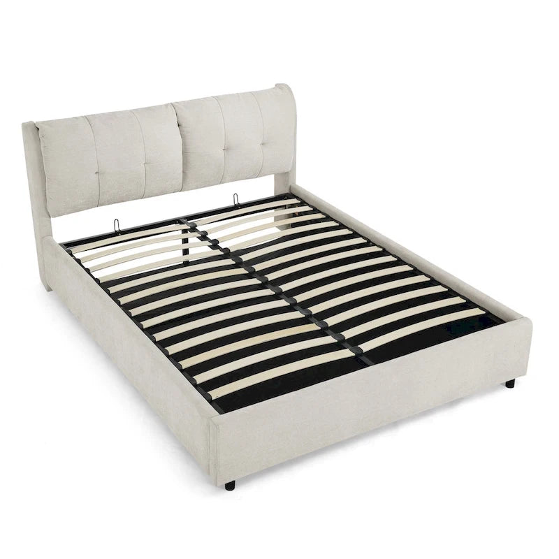 Lit plateforme Queen Size hydraulique rembourré avec rangement, tête de lit intégrée, tissu chenille, gris