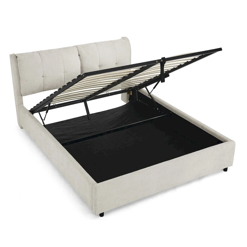 Lit plateforme Queen Size hydraulique rembourré avec rangement, tête de lit intégrée, tissu chenille, gris