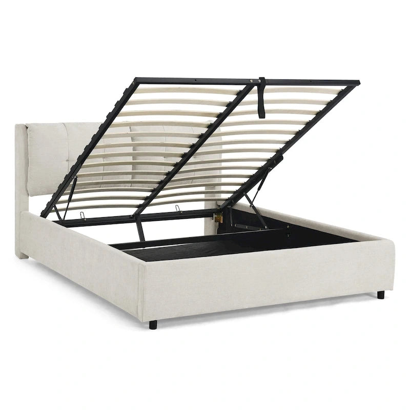 Lit plateforme Queen Size hydraulique rembourré avec rangement, tête de lit intégrée, tissu chenille, gris