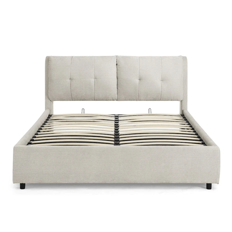 Lit plateforme Queen Size hydraulique rembourré avec rangement, tête de lit intégrée, tissu chenille, gris
