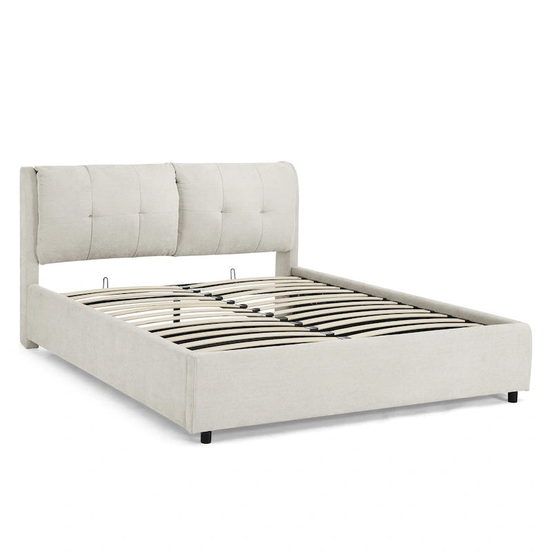 Lit plateforme Queen Size hydraulique rembourré avec rangement, tête de lit intégrée, tissu chenille, gris