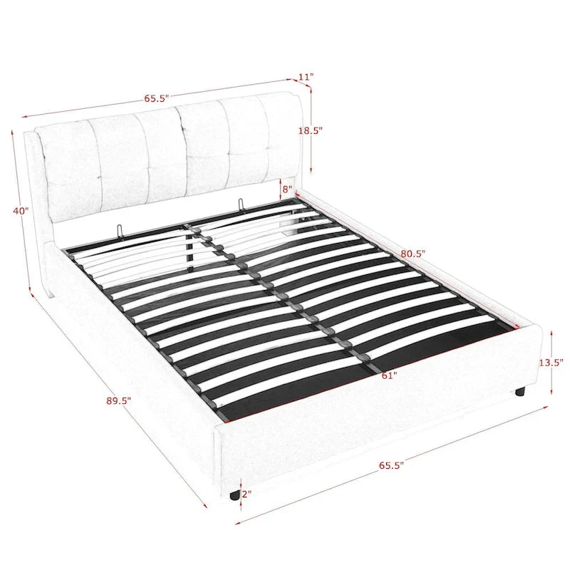 Lit plateforme Queen Size hydraulique rembourré avec rangement, tête de lit intégrée, tissu chenille, gris