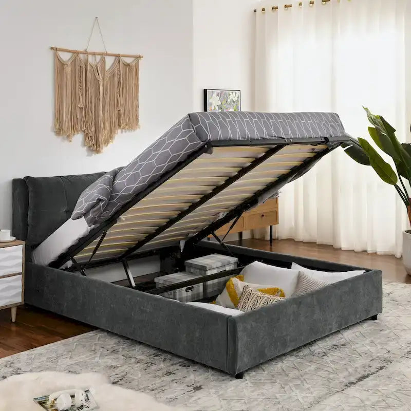 Lit plateforme Queen Size hydraulique rembourré avec rangement, tête de lit intégrée, tissu chenille, gris