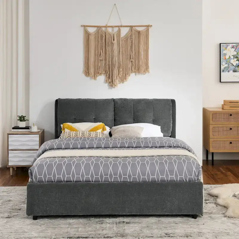 Lit plateforme Queen Size hydraulique rembourré avec rangement, tête de lit intégrée, tissu chenille, gris