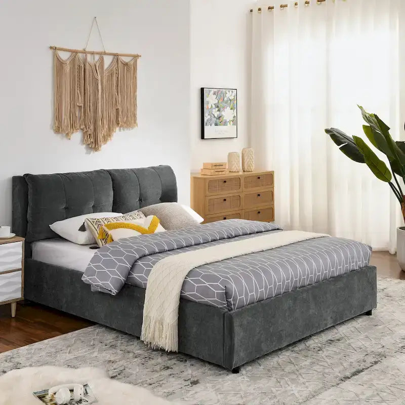 Lit plateforme Queen Size hydraulique rembourré avec rangement, tête de lit intégrée, tissu chenille, gris