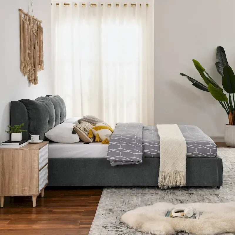 Lit plateforme Queen Size hydraulique rembourré avec rangement, tête de lit intégrée, tissu chenille, gris