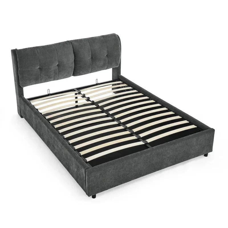 Lit plateforme Queen Size hydraulique rembourré avec rangement, tête de lit intégrée, tissu chenille, gris