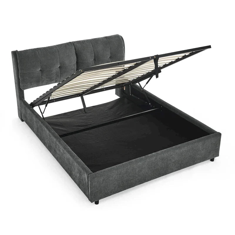 Lit plateforme Queen Size hydraulique rembourré avec rangement, tête de lit intégrée, tissu chenille, gris
