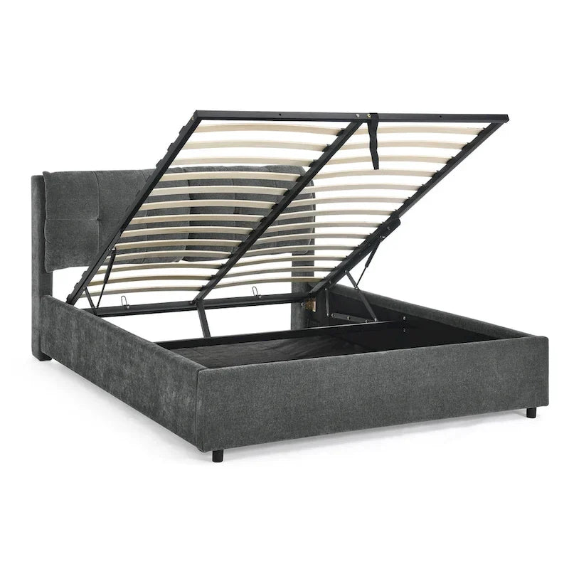 Lit plateforme Queen Size hydraulique rembourré avec rangement, tête de lit intégrée, tissu chenille, gris