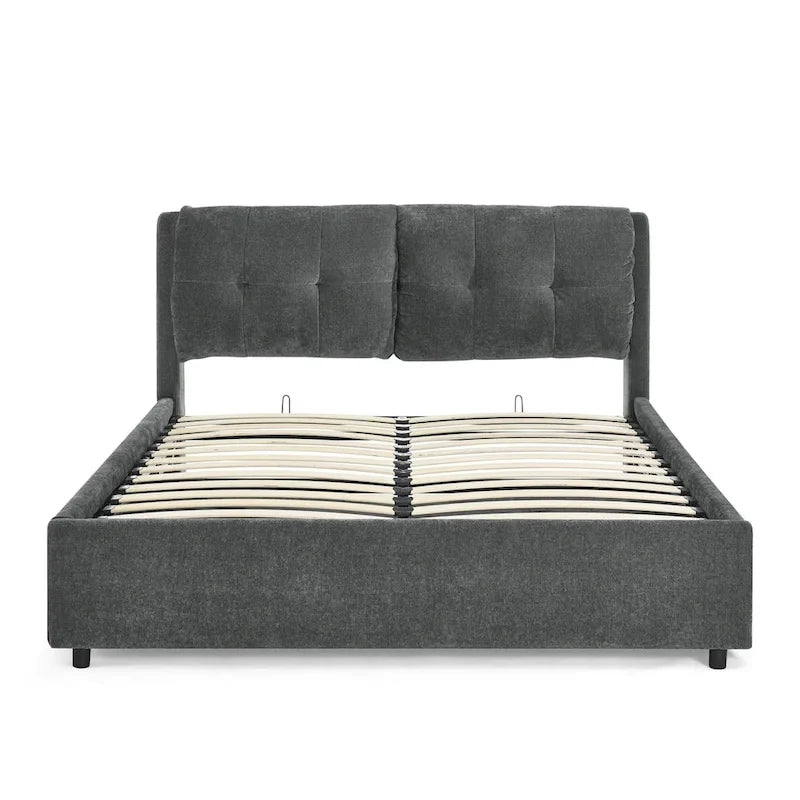 Lit plateforme Queen Size hydraulique rembourré avec rangement, tête de lit intégrée, tissu chenille, gris