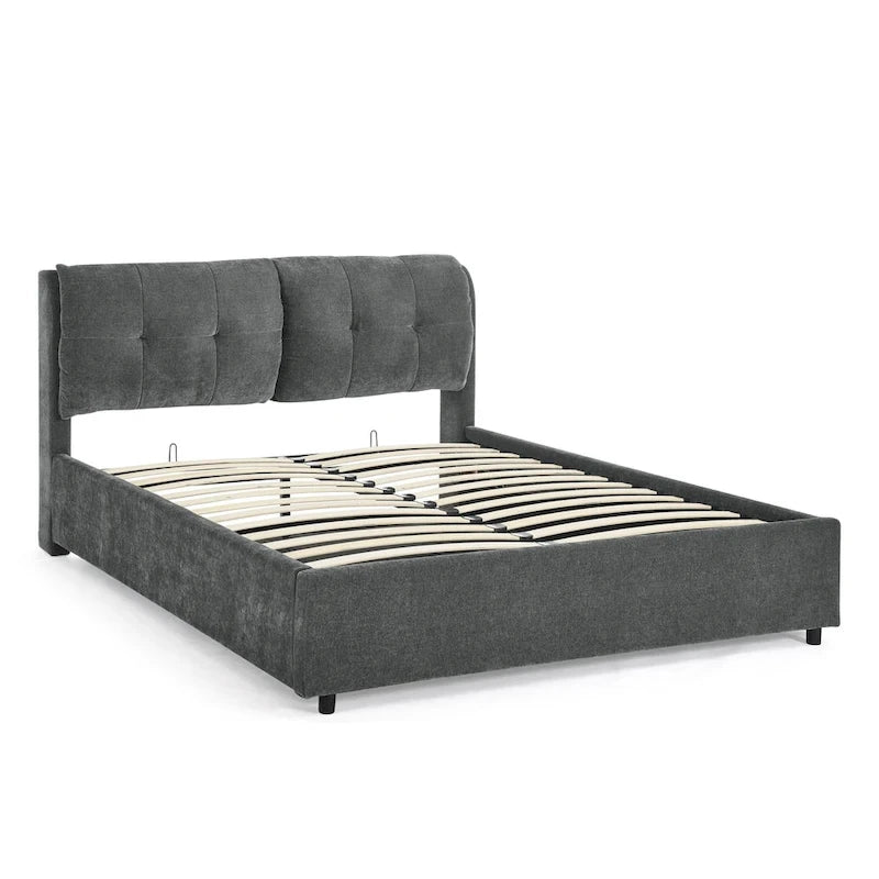 Lit plateforme Queen Size hydraulique rembourré avec rangement, tête de lit intégrée, tissu chenille, gris