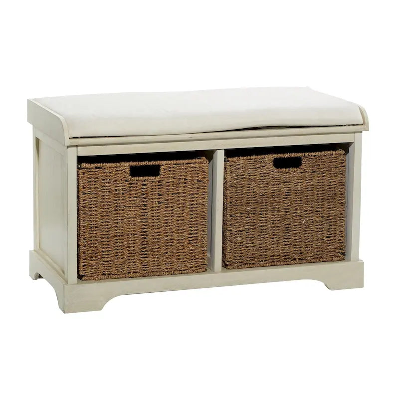 Banc de rangement en bois avec paniers en jonc de mer marron et siège rembourré - Blanc